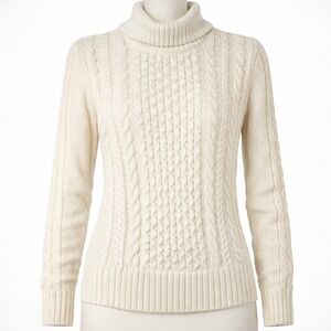 Muji 100% Wool Cream White Cable Knit Turtleneck Sweater Womens L Cottagecore
